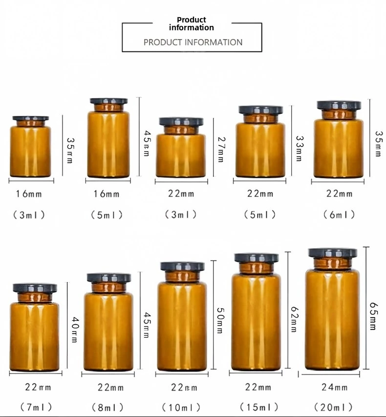Amber vial size chart from 3ml to 20ml — 3 vial dimensions for Custom Peptide Bottle Storage Box